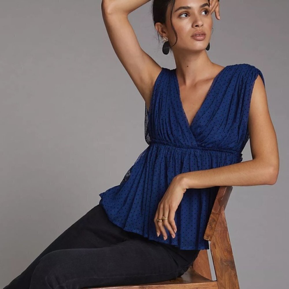 ANTHROPOLOGIE V-neck Navy Tulle Blouse